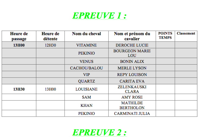 Horaires départ CSO 12 Mars